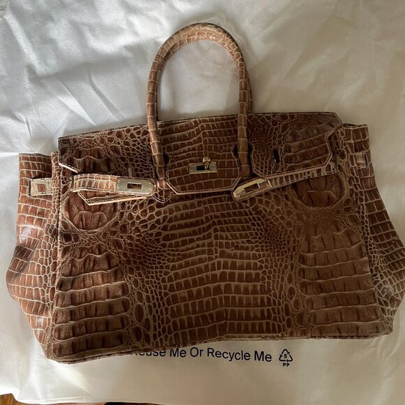 Vintage Vera Pelle Leather Belted Strap & Lock Closure Croc Style Large Bag - Picture 3 of 7